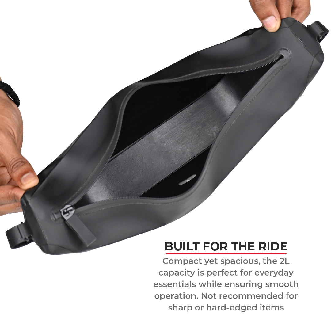 Motorcycle black waterproof handlebar bag for rough rides and adventure trips