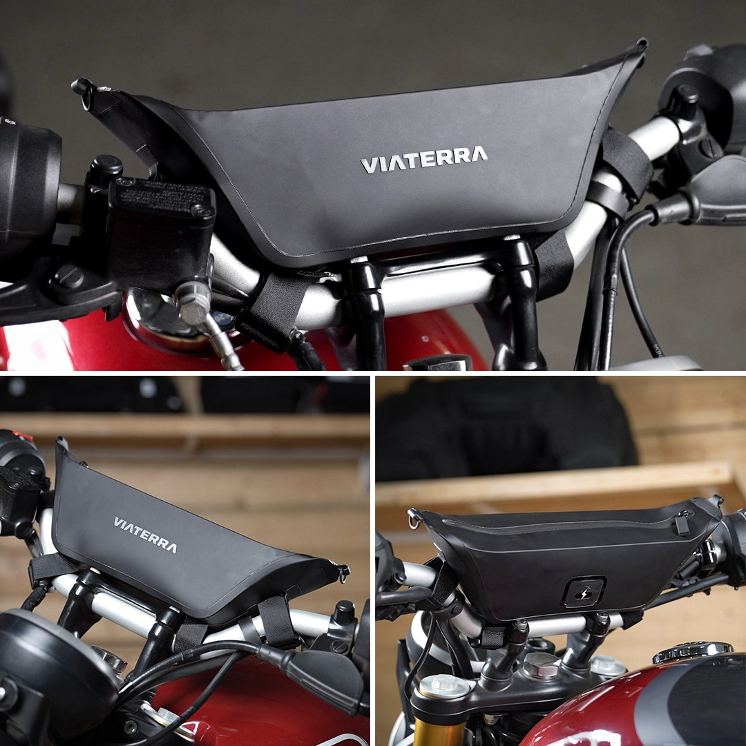 Motorcycle black waterproof handlebar bag for rough rides and adventure trips
