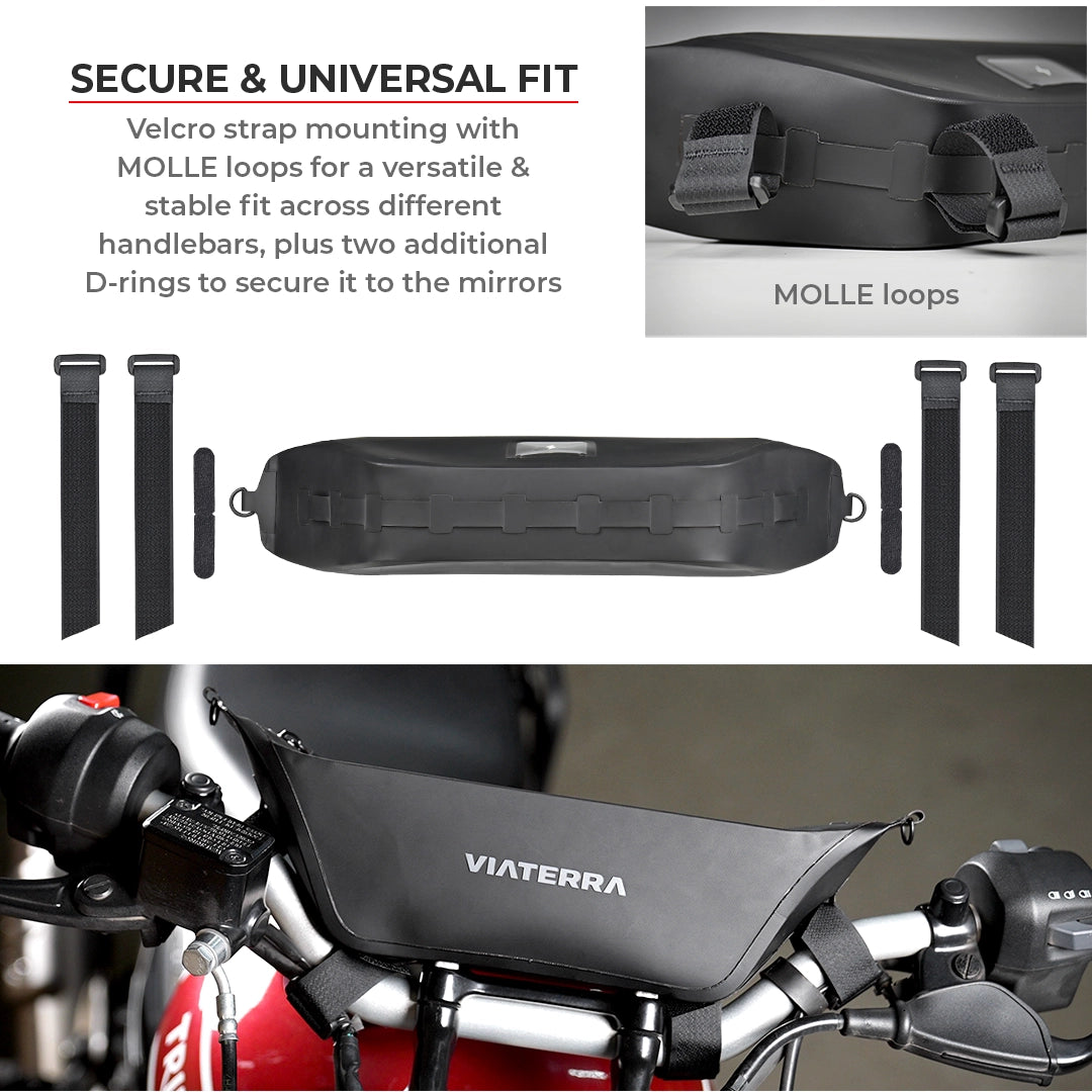 Motorcycle black waterproof handlebar bag for rough rides and adventure trips