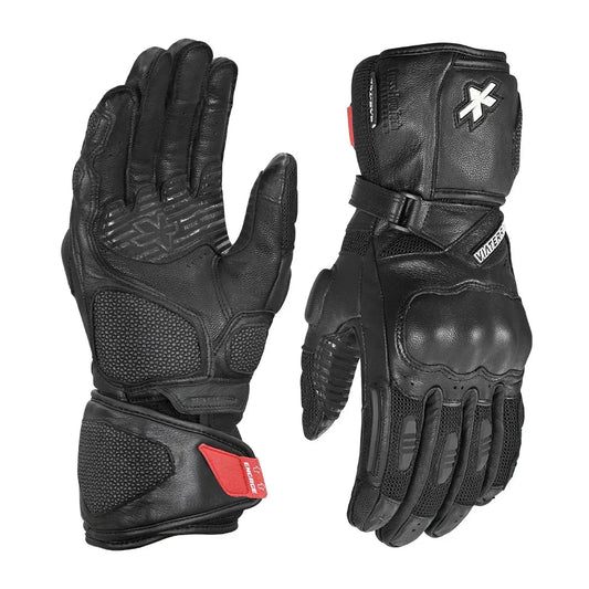 Motorcycle full gauntlet black touring gloves leather & Mesh integrated