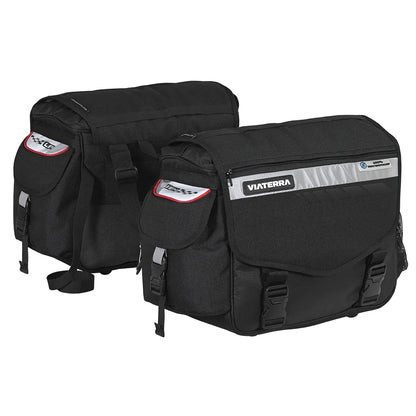 Two black motorcycle saddlebags with visible branding on a white background