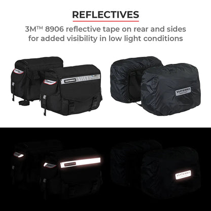 Black bags with reflective tape for added visibility in low light conditions, featuring Viaterra branding.