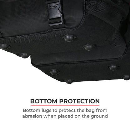 Black backpack with bottom protection feature on a white background