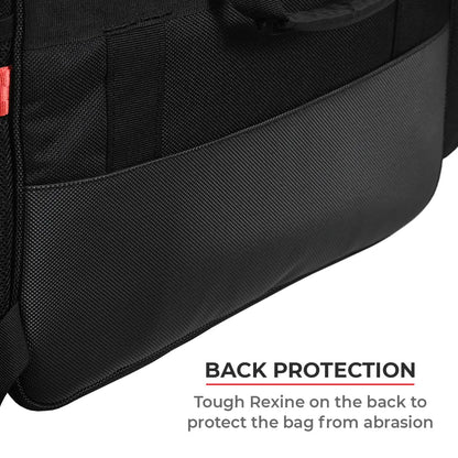 Black bag with back protection feature highlighted on a white background