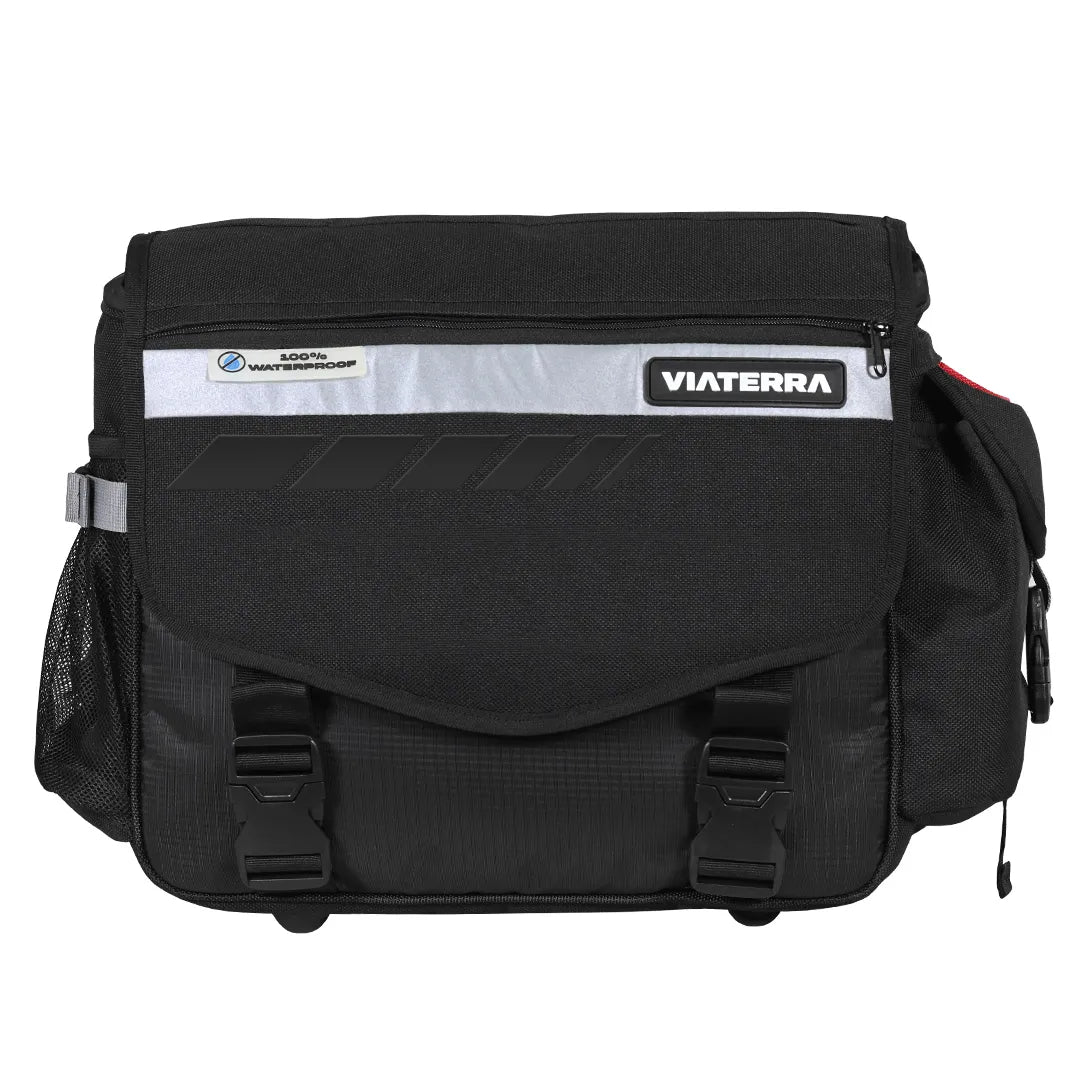 Black backpack with visible 'Viaterra' branding on a white background