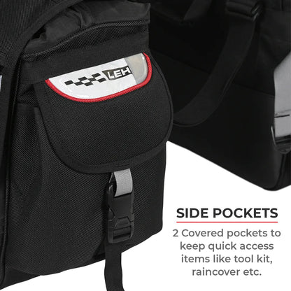 Black backpack with side pocket featuring a brand logo on a white background