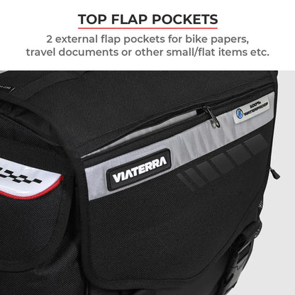 Black bag with top flap pockets for bike papers and travel documents, featuring the Viaterra brand.