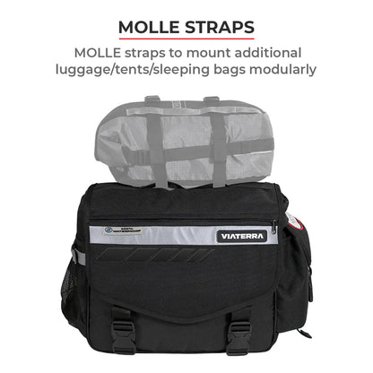 Black bag with MOLLE straps and Viaterra branding on a white background