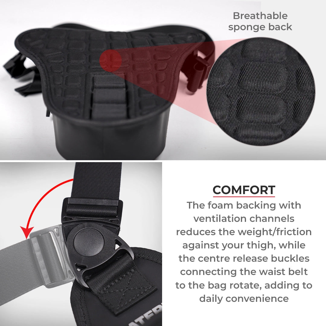 Thigh bag for motorcycle riders black waterproof adjustable and reflective