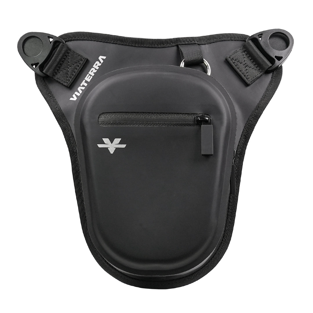 Thigh bag for motorcycle riders black waterproof adjustable and reflective