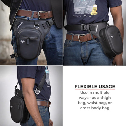 Thigh bag for motorcycle riders black waterproof adjustable and reflective