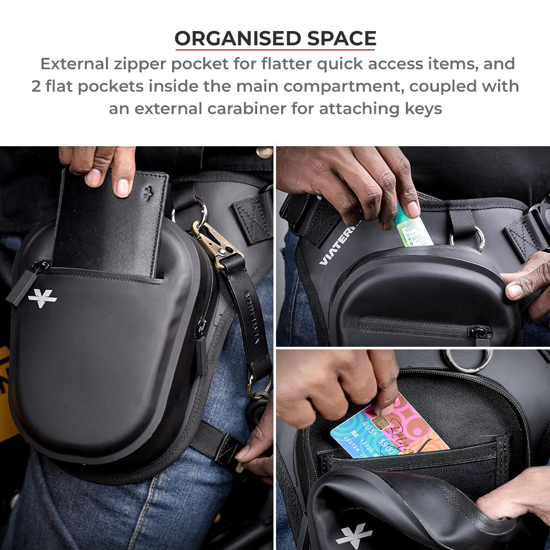 Thigh bag for motorcycle riders black waterproof adjustable and reflective