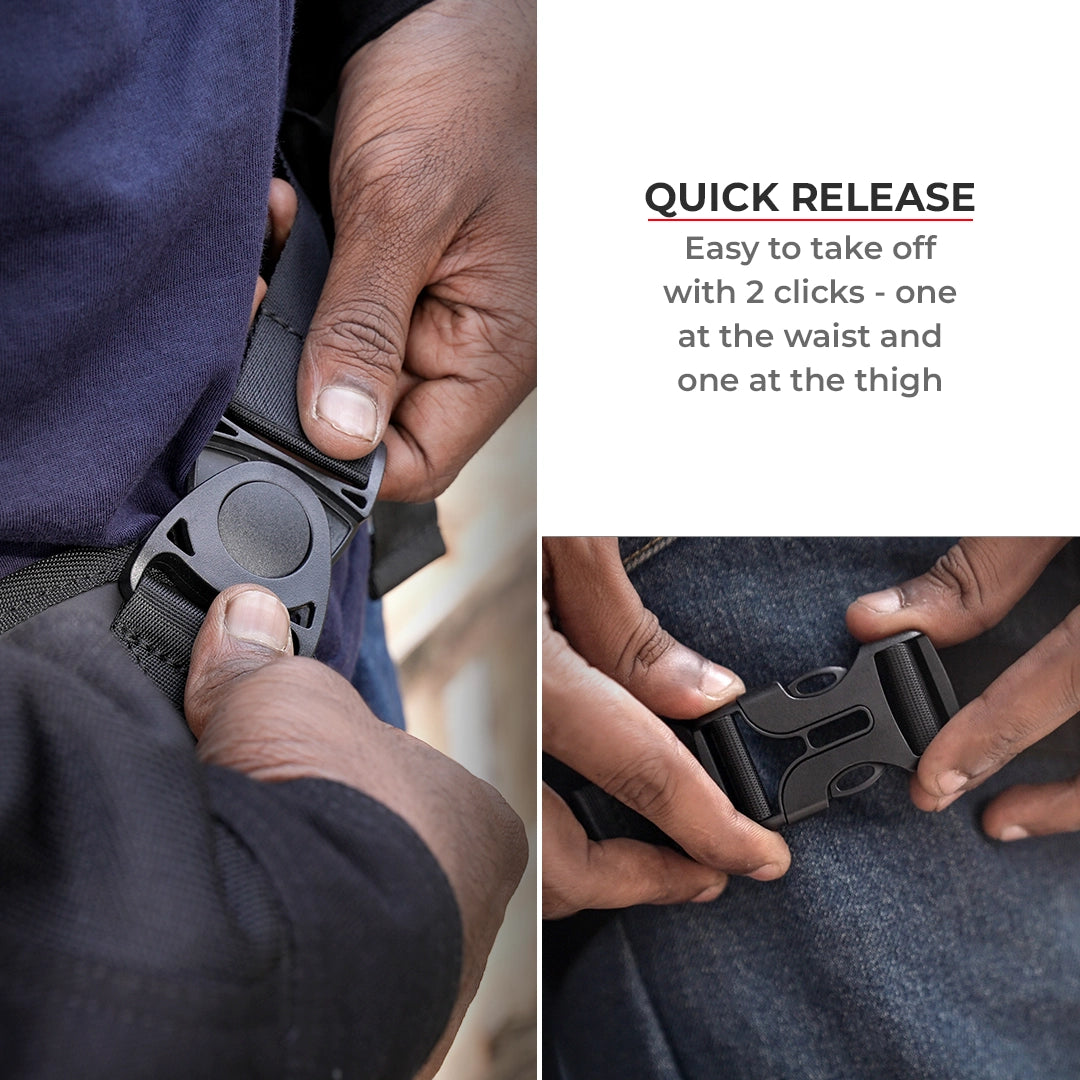 Thigh bag for motorcycle riders black waterproof adjustable and reflective
