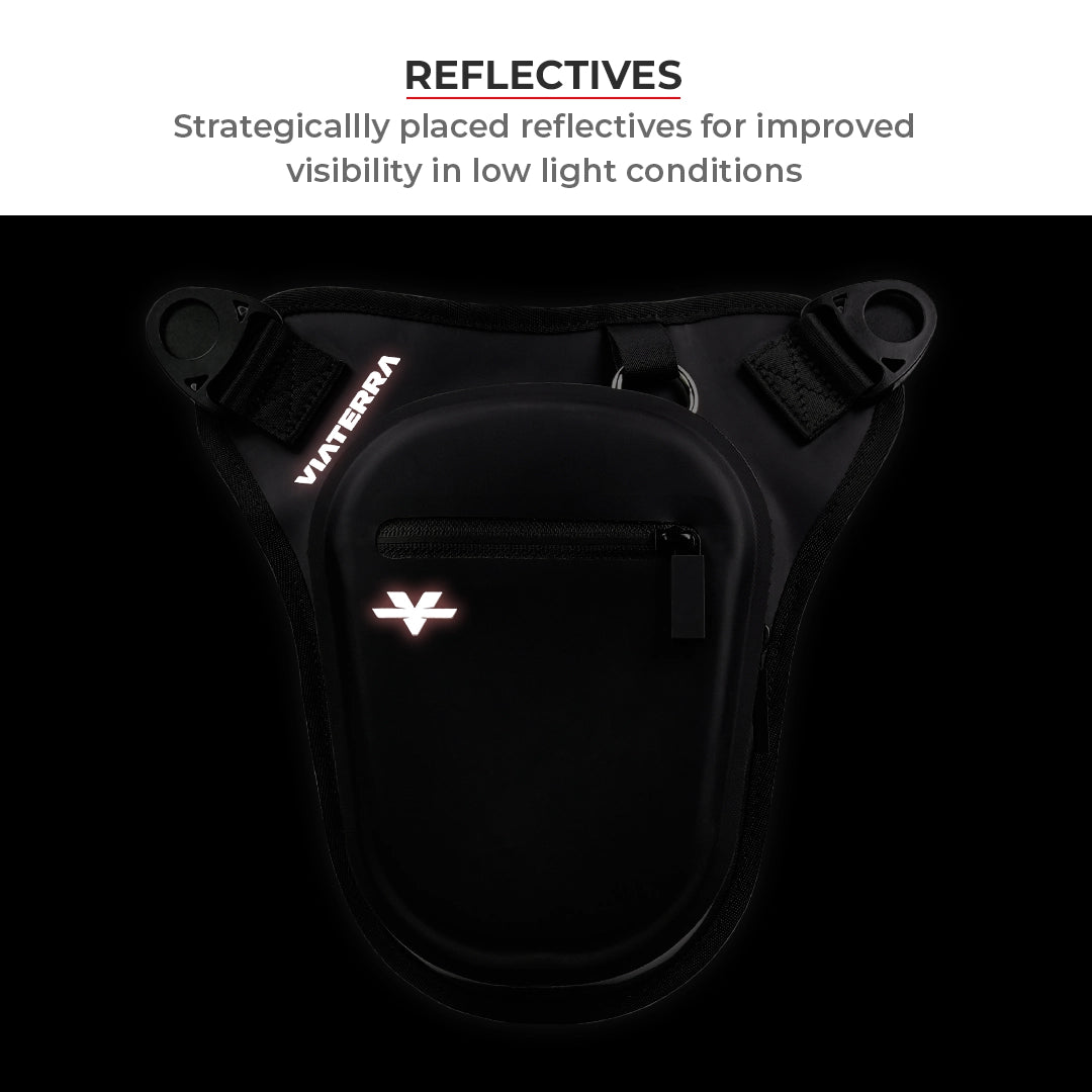 Thigh bag for motorcycle riders black waterproof adjustable and reflective