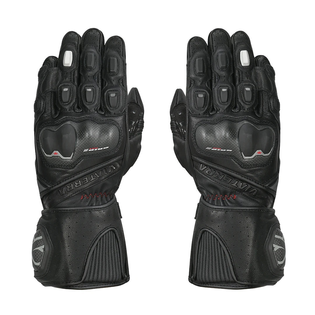 Motorcycle full gauntlet gloves black leather with knox sliders & accordion