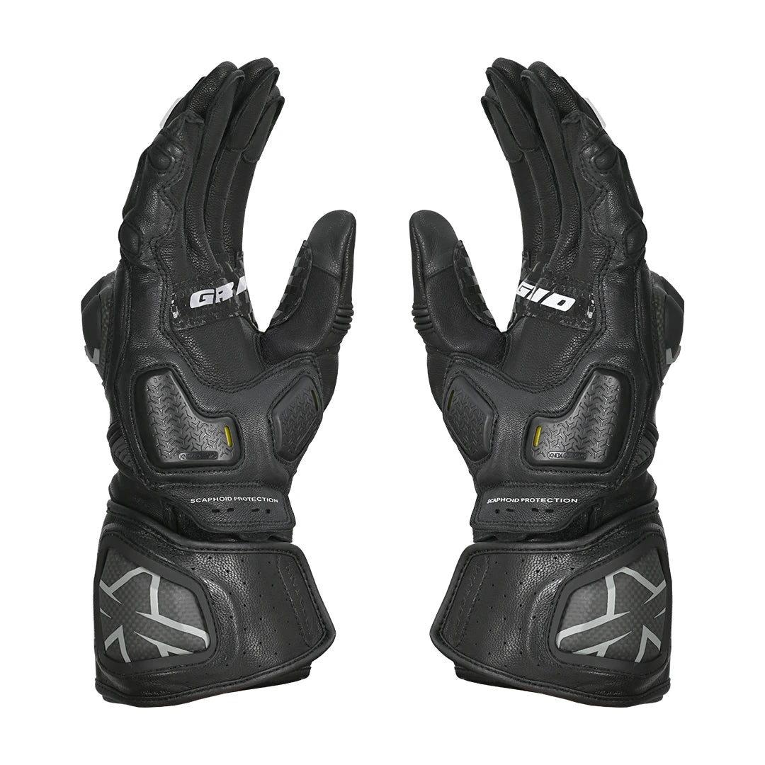 Motorcycle full gauntlet gloves black leather with knox sliders & accordion