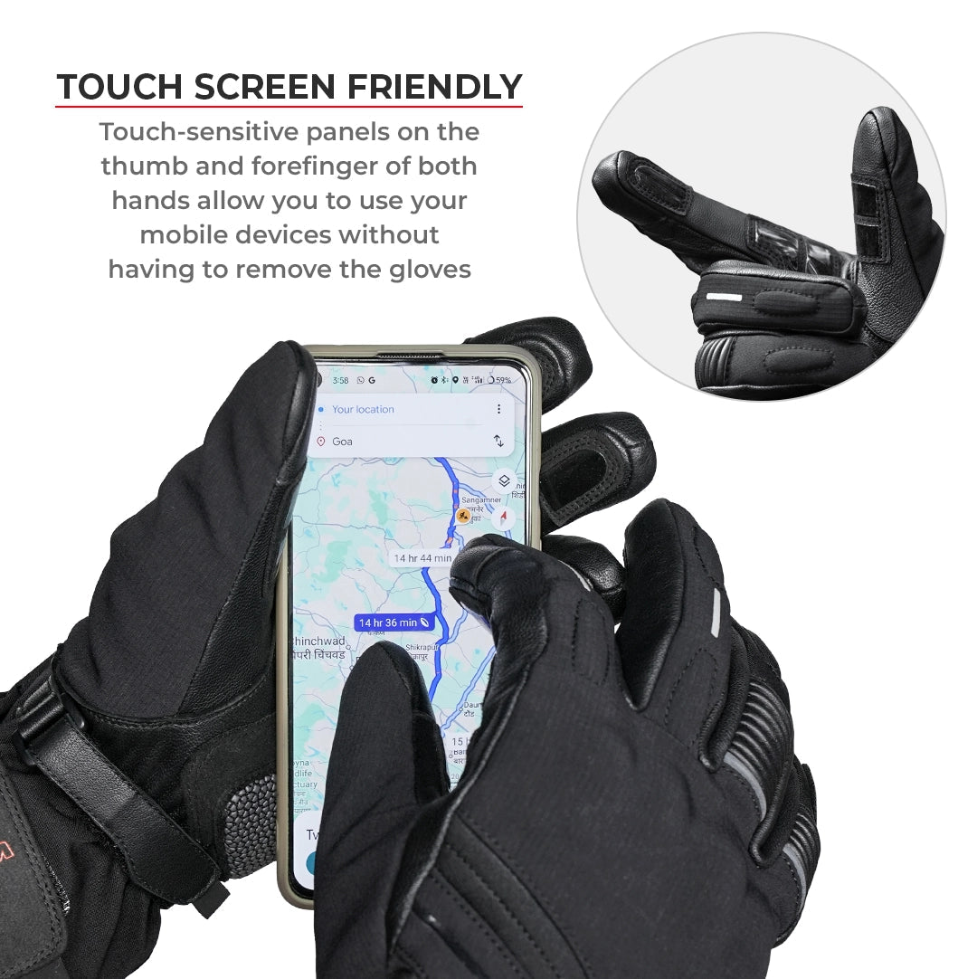 Motorcycle black waterproof / winter gloves - phone touch, reflective, visor wiper