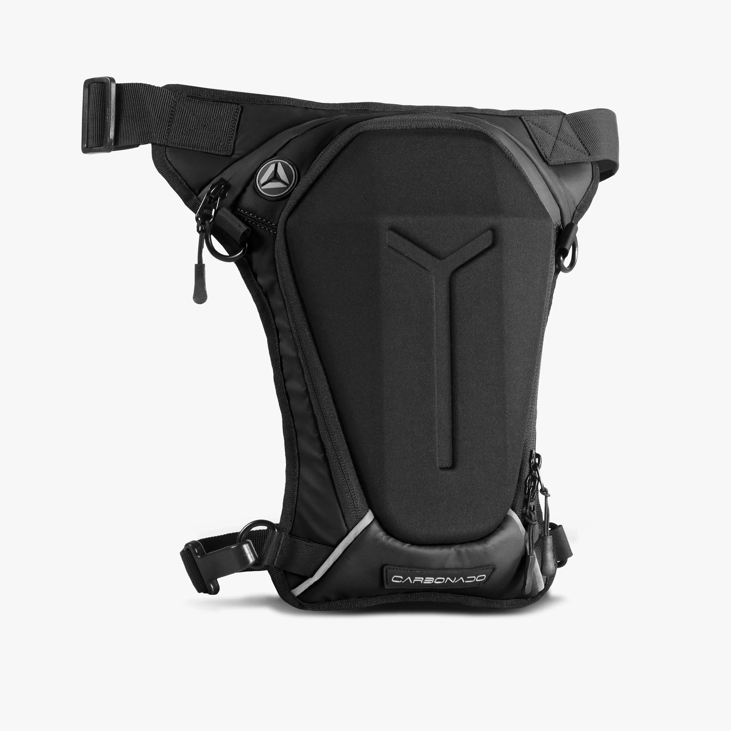 Motorcycle riding thigh bag black with headphone cable hole and multi-compartment 