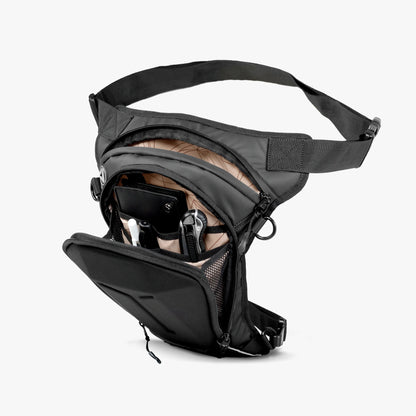 Motorcycle riding thigh bag black with headphone cable hole and multi-compartment 