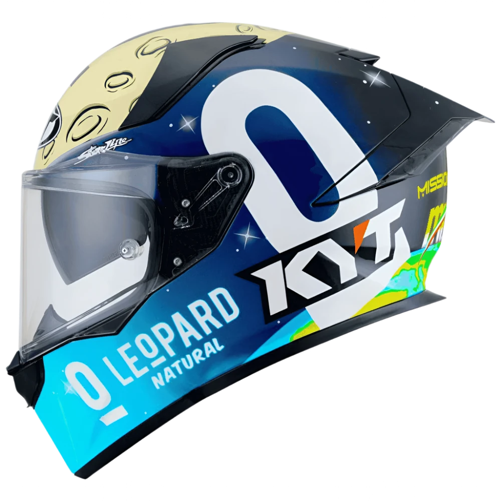 Motorcycle Blue based multicolour leopard KYT graphic helmet
