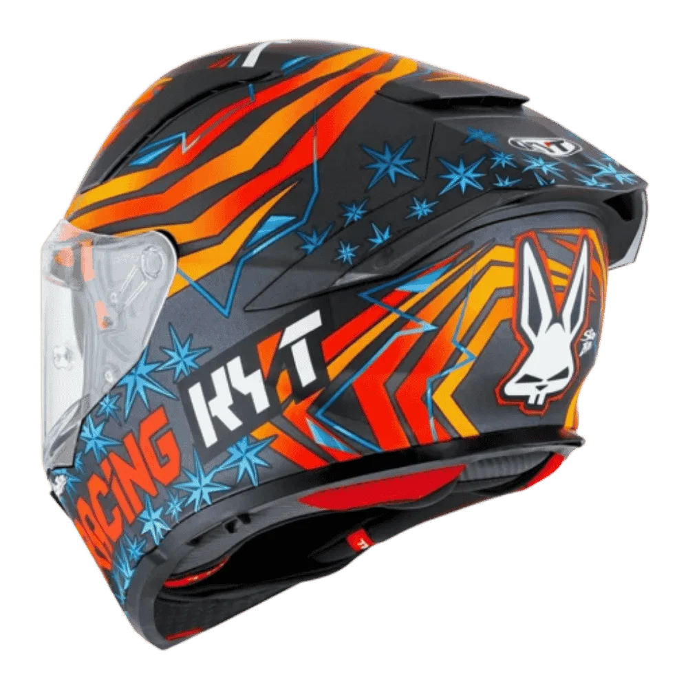 Motorcycle orange red and blue racing graphic with black base helmet