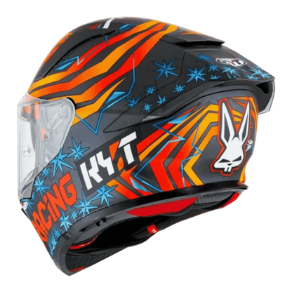 Motorcycle orange red and blue racing graphic with black base helmet