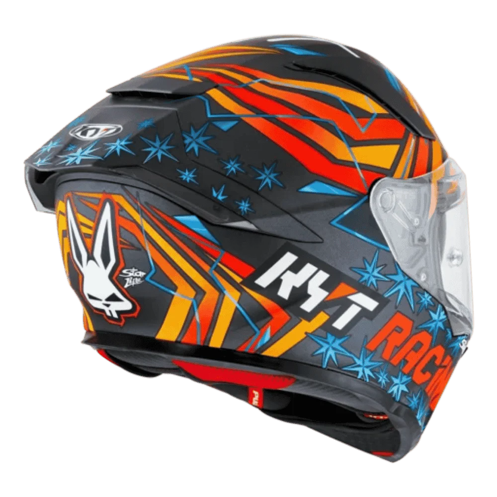 Motorcycle orange red and blue racing graphic with black base helmet