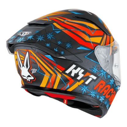 Motorcycle orange red and blue racing graphic with black base helmet