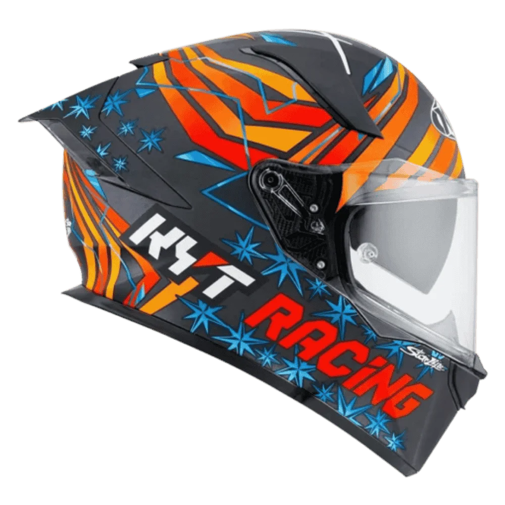 Motorcycle orange red and blue racing graphic with black base helmet