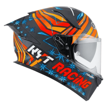 Motorcycle orange red and blue racing graphic with black base helmet