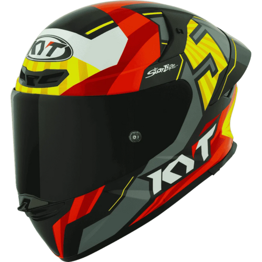 Motorcycle helmet full face grey red with yellow and white black based helmet KYT geometric graphic