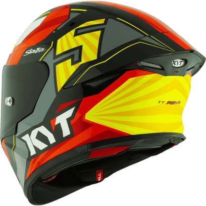 Motorcycle helmet full face grey red with yellow and white black based helmet KYT geometric graphic
