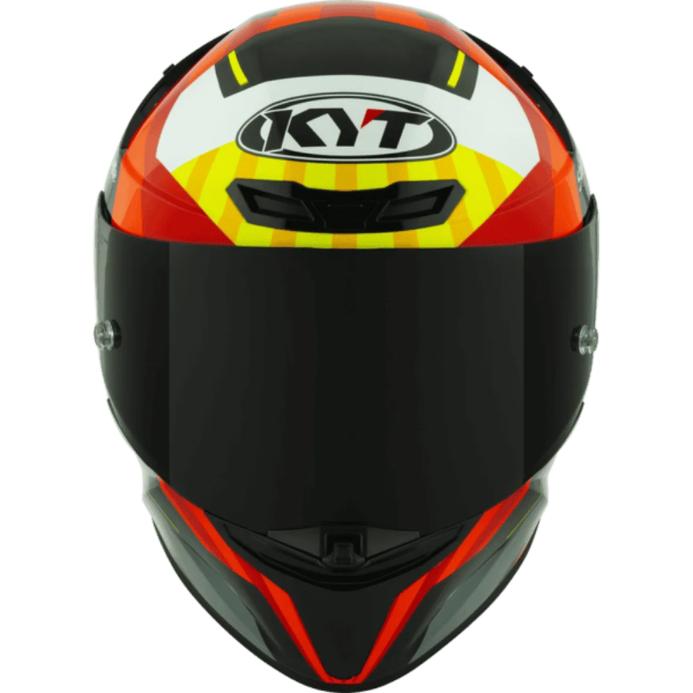 Motorcycle helmet full face grey red with yellow and white black based helmet KYT geometric graphic