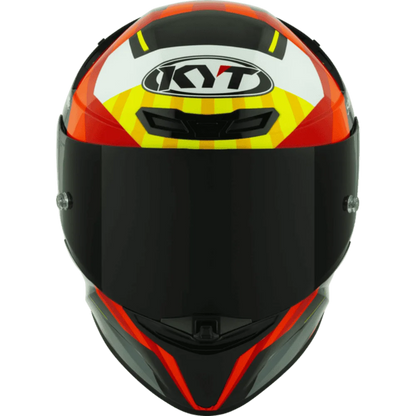 Motorcycle helmet full face grey red with yellow and white black based helmet KYT geometric graphic
