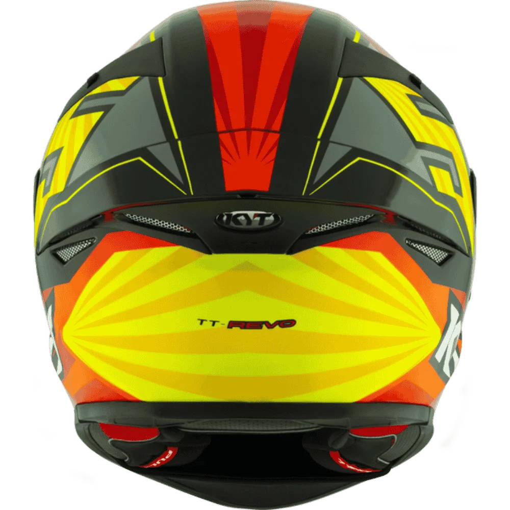 Motorcycle helmet full face grey red with yellow and white black based helmet KYT geometric graphic