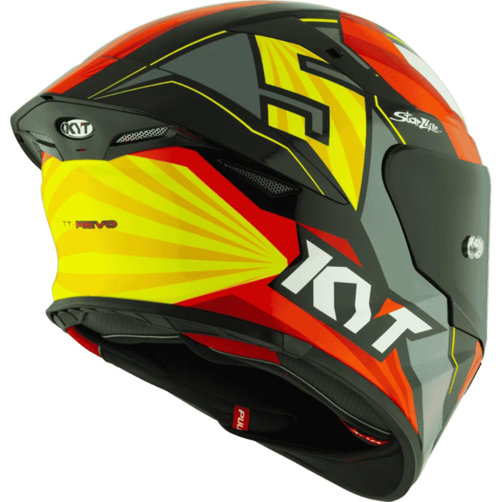 Motorcycle helmet full face grey red with yellow and white black based helmet KYT geometric graphic