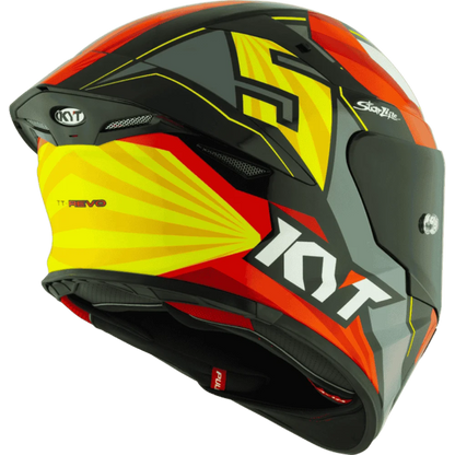 Motorcycle helmet full face grey red with yellow and white black based helmet KYT geometric graphic