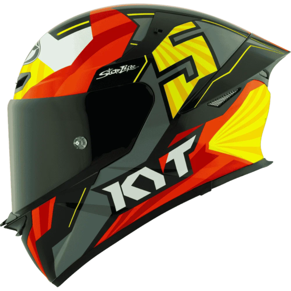Motorcycle helmet full face grey red with yellow and white black based helmet KYT geometric graphic