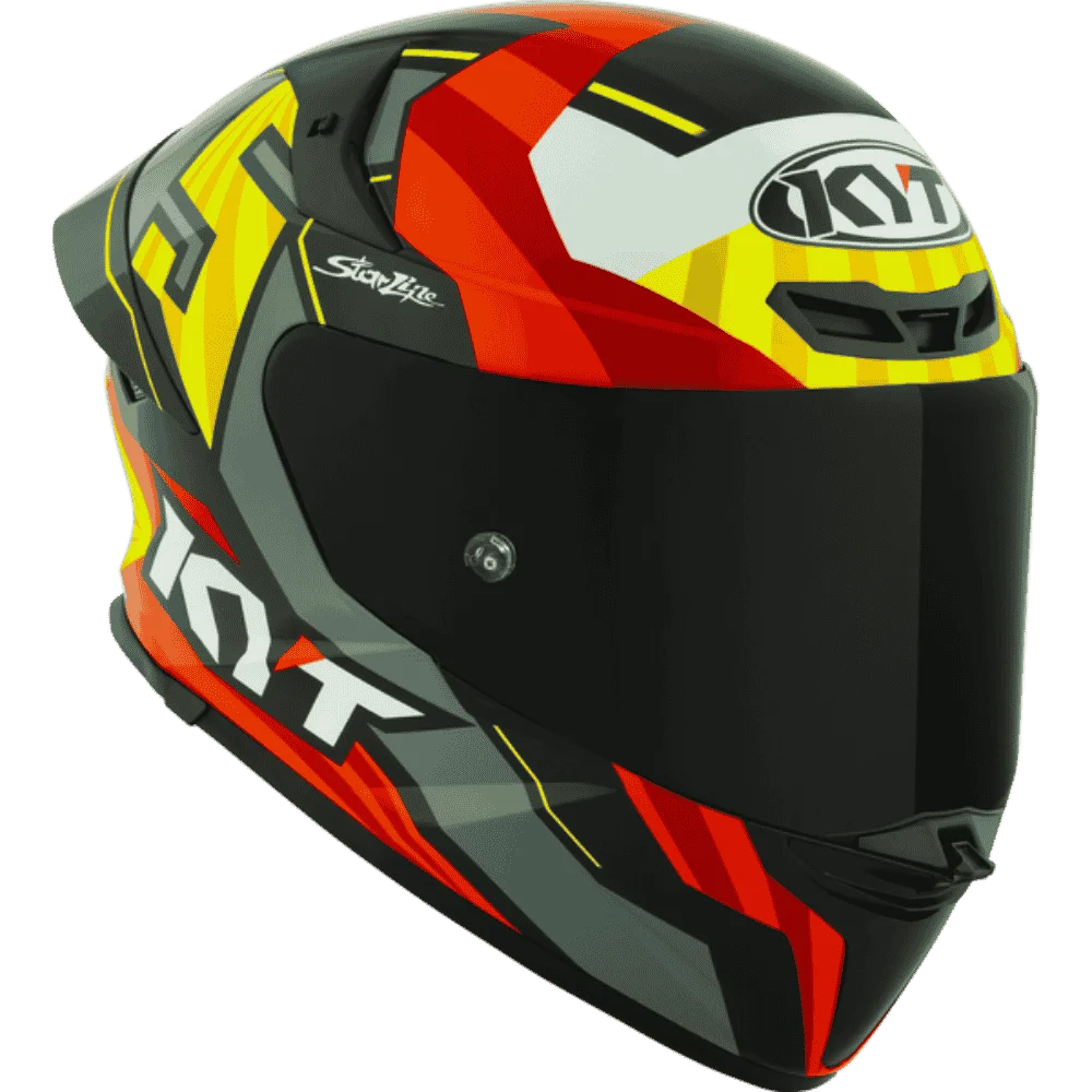 Motorcycle helmet full face grey red with yellow and white black based helmet KYT geometric graphic