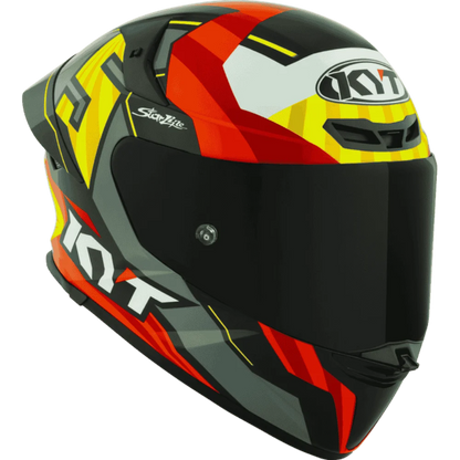 Motorcycle helmet full face grey red with yellow and white black based helmet KYT geometric graphic