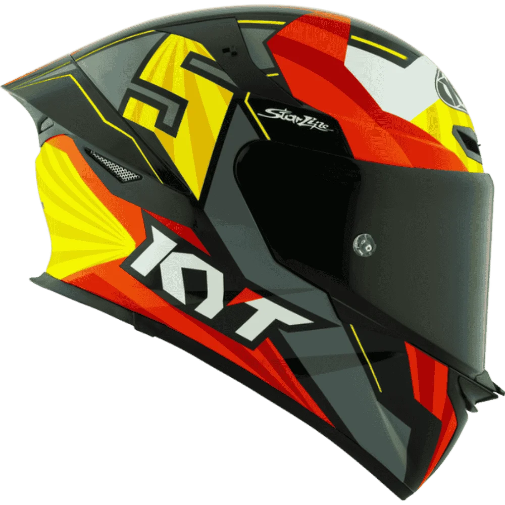 Motorcycle helmet full face grey red with yellow and white black based helmet KYT geometric graphic