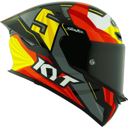 Motorcycle helmet full face grey red with yellow and white black based helmet KYT geometric graphic