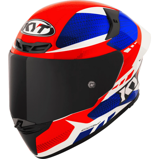 Motorcycle helmet red blue with white geometric graphic KYT