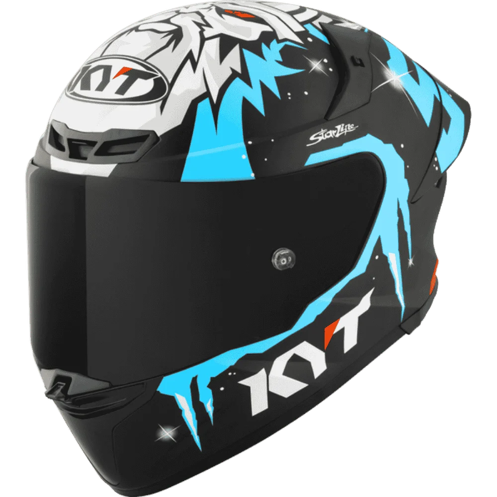 Motorcycle helmet masia Rep white face like graphic on top with blue KYT