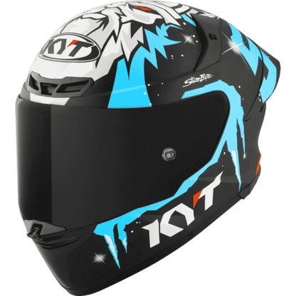 Motorcycle helmet masia Rep white face like graphic on top with blue KYT