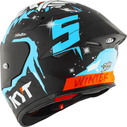 Motorcycle helmet masia Rep white face like graphic on top with blue KYT