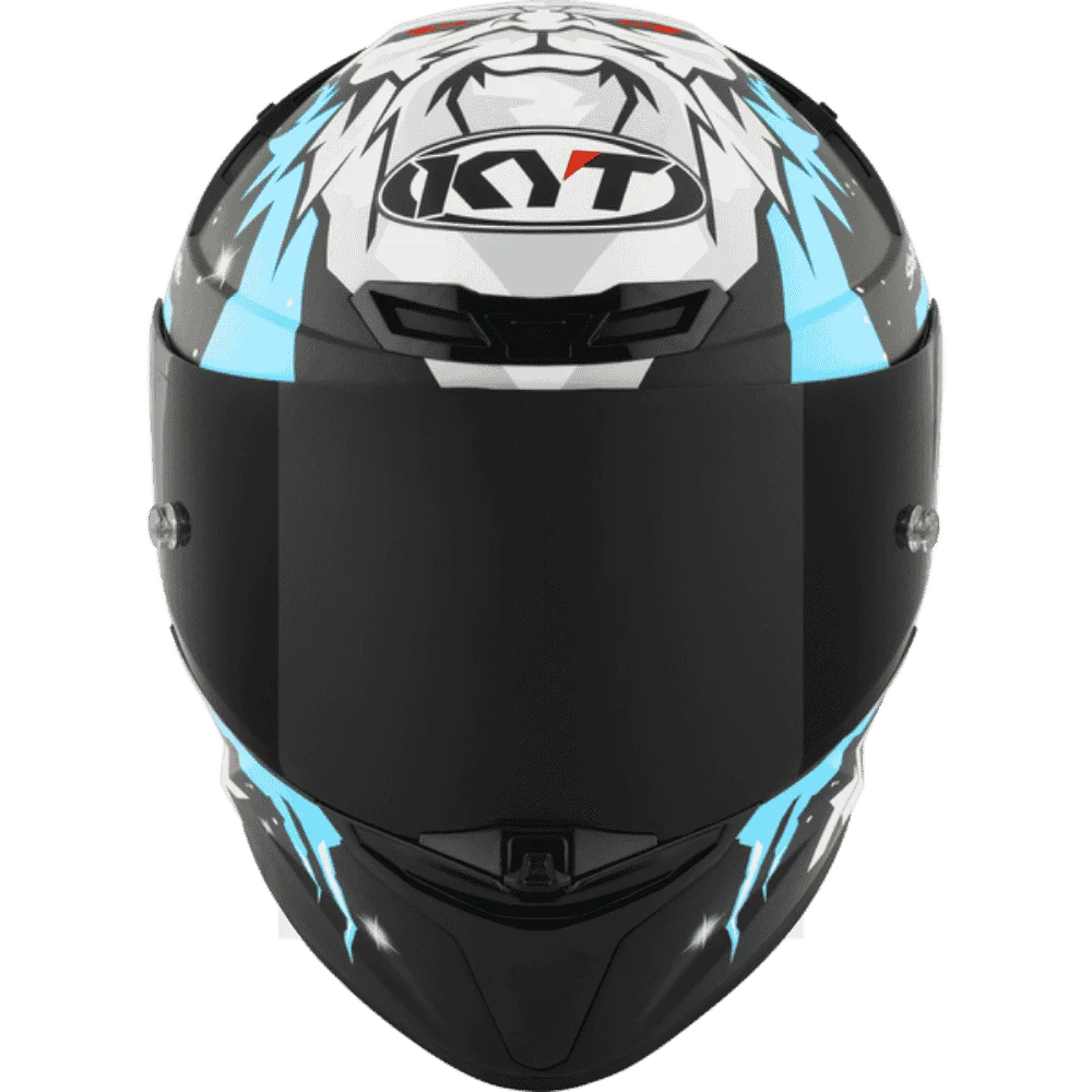 Motorcycle helmet masia Rep white face like graphic on top with blue KYT