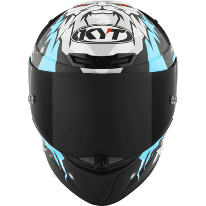 Motorcycle helmet masia Rep white face like graphic on top with blue KYT