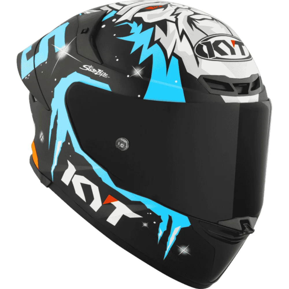Motorcycle helmet masia Rep white face like graphic on top with blue KYT