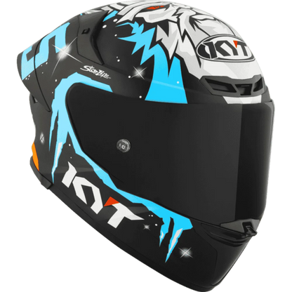 Motorcycle helmet masia Rep white face like graphic on top with blue KYT